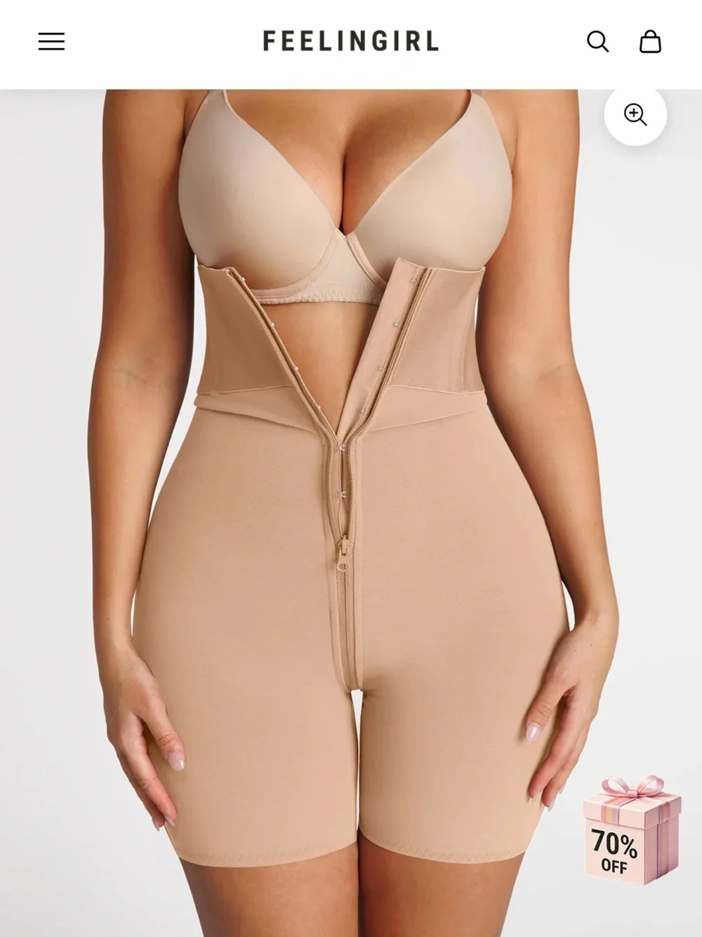 Feelingirl High-Waist Beige Tummy Control Shaping Shorts with Front Zipper
